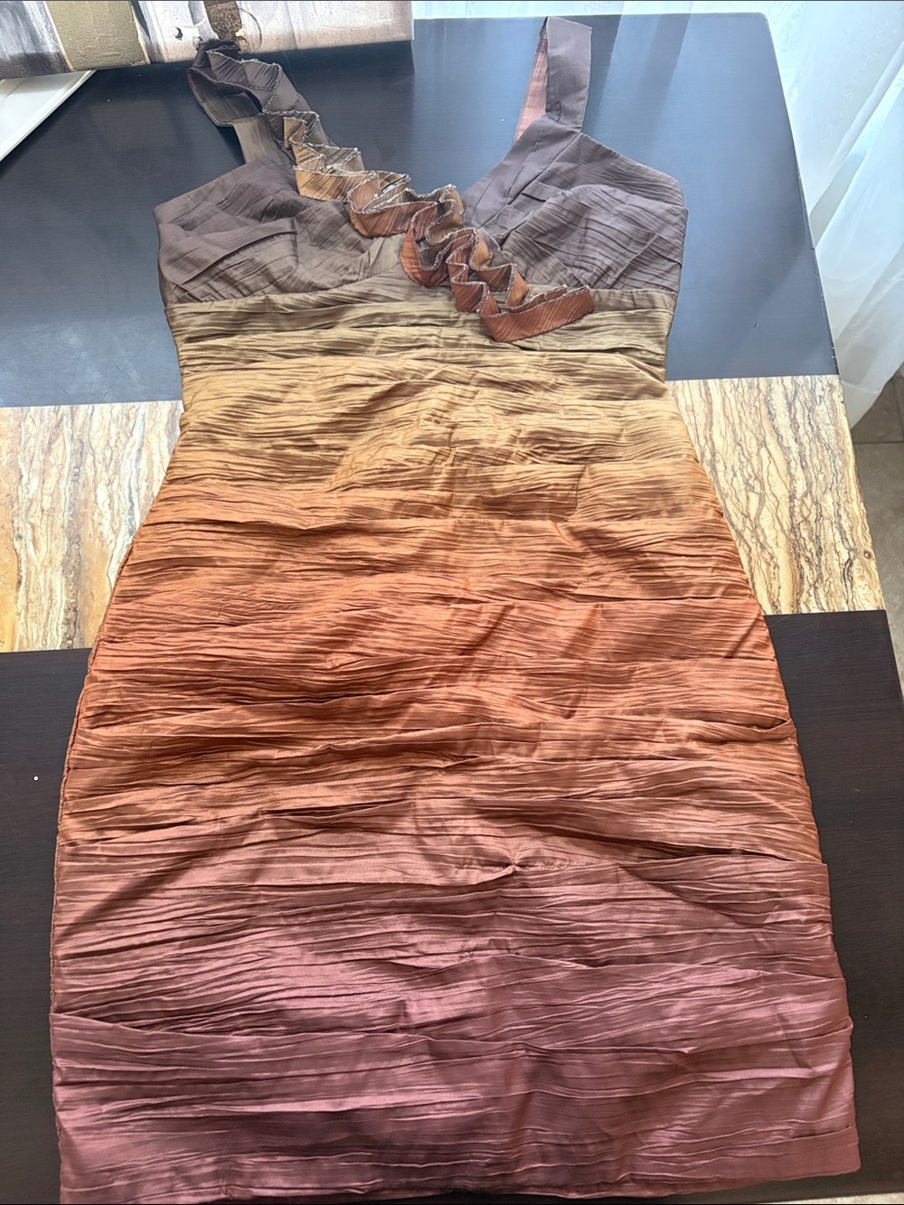 Max & Cleo Ombre Brown Copper Ruched Midi Dress